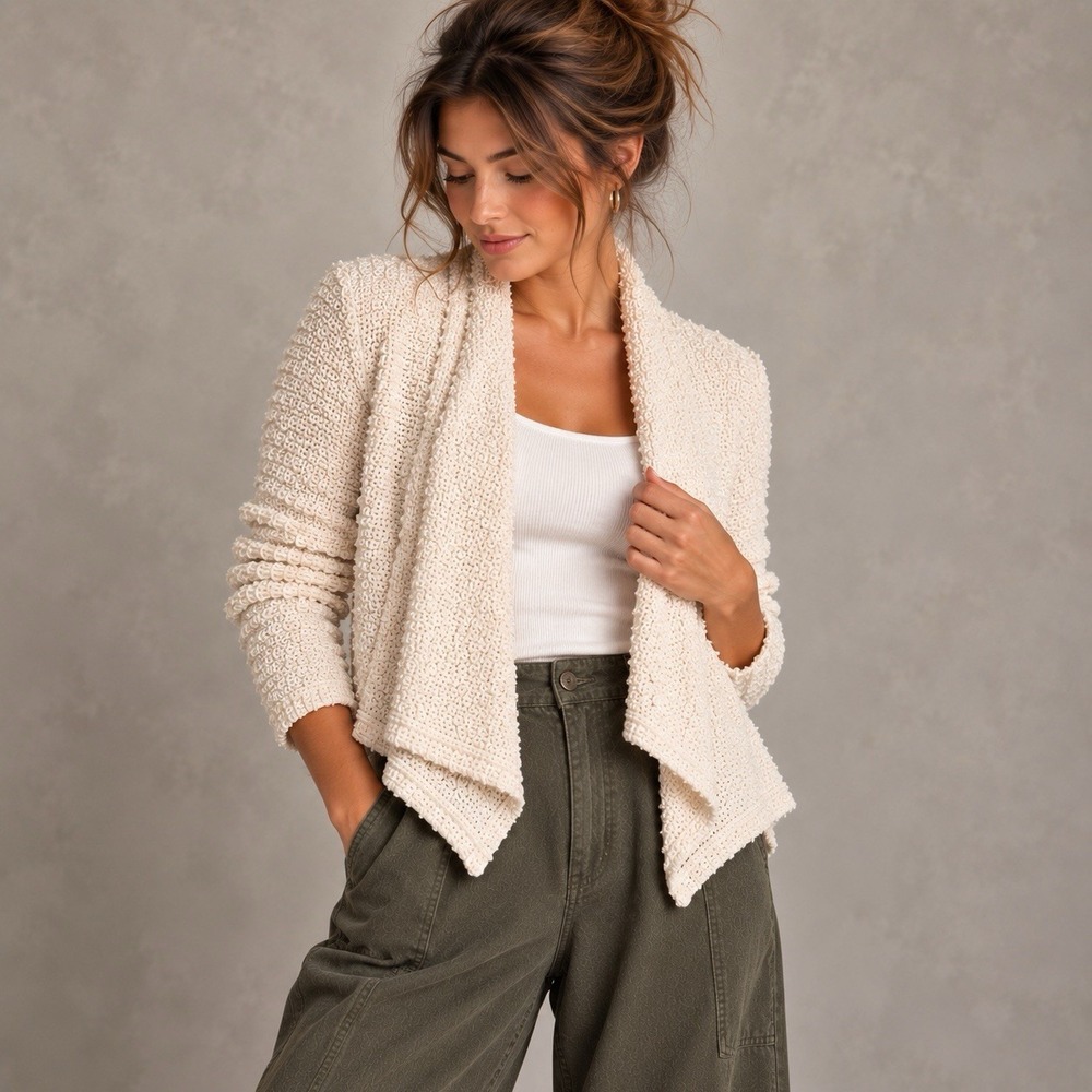 Eileen Fisher Cardigan S Ivory Cotton Linen Boucle High Low Quiet Luxury Coastal